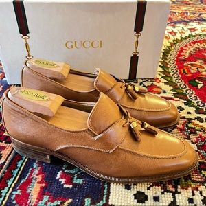 Gucci Vintage 1980s Mens Cognac Tassel Loafers 42 8.5/9